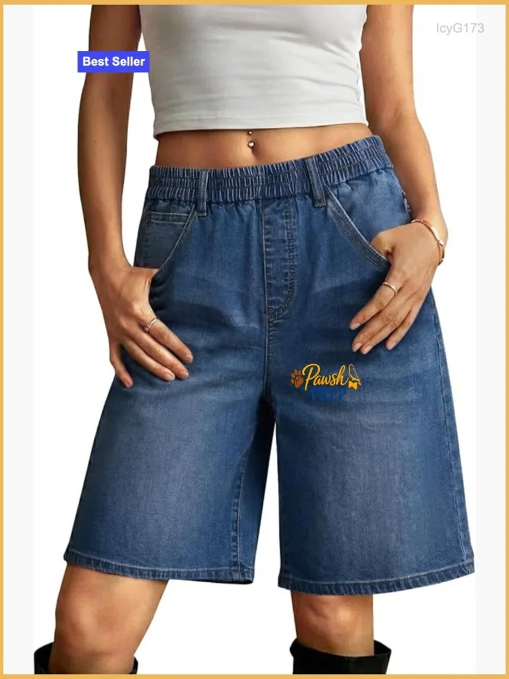 Women's Denim Bermuda Shorts Elastic Waist Baggy Fit Knee Length Jorts